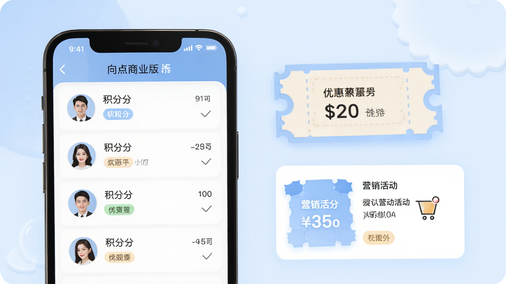 向点商业版会员管理界面展示,画面中一部手机屏幕显示会员列表和积分详情,旁边有优惠券图标和营销活动卡片,背景为浅蓝色清新风格,布局上下结构,排版整齐,风格柔和现代,细节包括头像、积分数字和标签,画质高清,干净,无多余元素