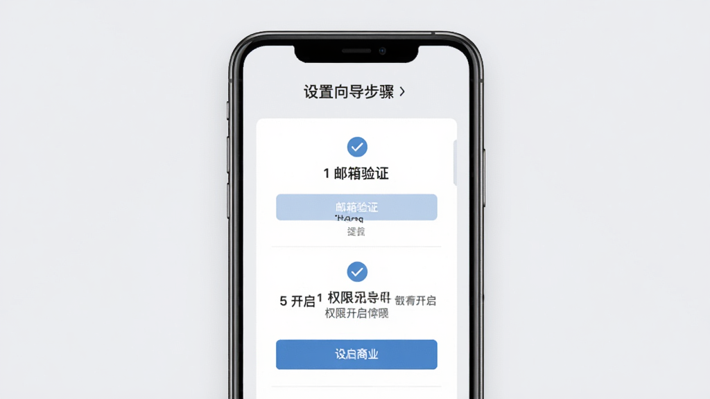 向点商业版新手操作引导页面展示,画面中一部手机屏幕显示设置向导步骤,包含邮箱验证和权限开启提示,背景为浅灰色简洁风格,布局纵向排列,排版清晰,风格现代扁平化,细节包括勾选图标、步骤数字和按钮,画质高清,干净,无多余元素