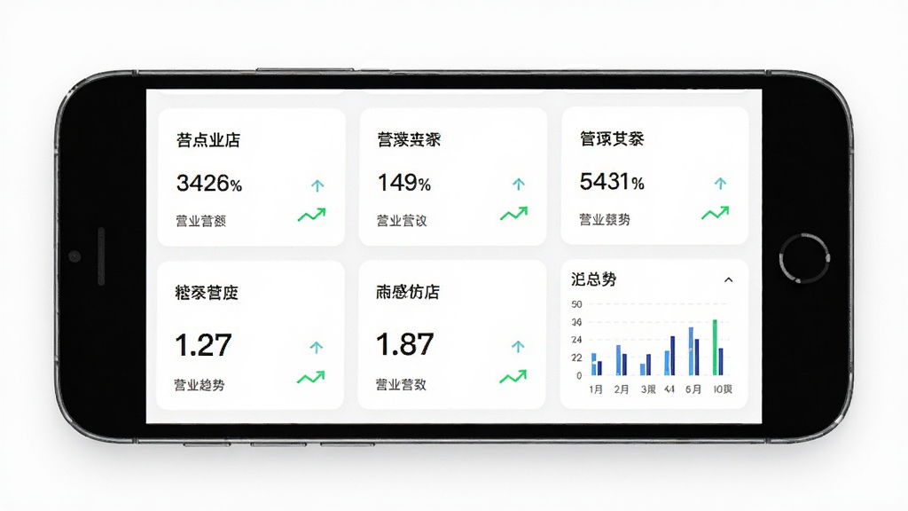 向点商业版多门店管理展示,画面中一部手机屏幕显示多个门店卡片和汇总数据图表,背景为白色商务风格,布局网格状排列,排版有序,风格简洁专业,细节包括门店名称、营业额数字和趋势箭头,画质高清,干净,无多余元素