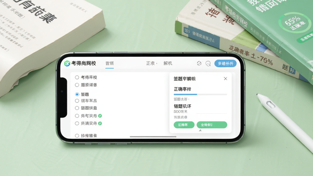 在线教育题库练习界面展示,画面中一部手机横屏显示