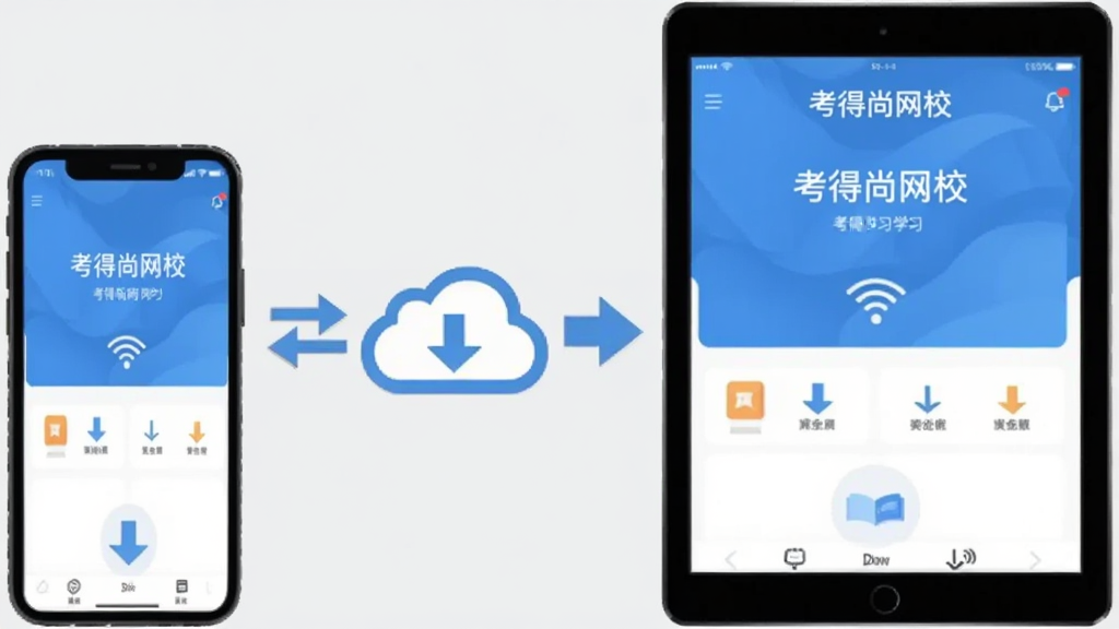 多设备学习同步示意图,画面左侧一部手机、右侧一台平板电脑,屏幕均显示