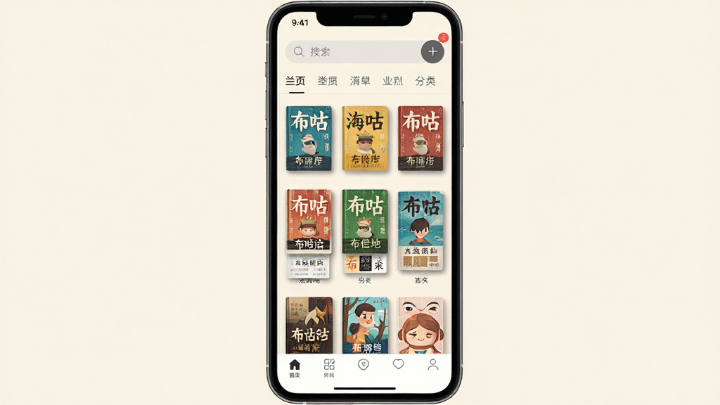 �����Ķ�����������ȫò���ֻ���Ļ����չʾ���ҳ�棬��������ж౾��ɫ����С˵������Ϊ���ŵ��װ�ɫ���������������ͷ����ǩ���ײ��е����������岼���������࣬���Ϊ�ִ���ƽ��UI��ƣ�ϸ�ڰ����鼮������������ӰЧ�������ʸ��壬�ɾ����޶���Ԫ��