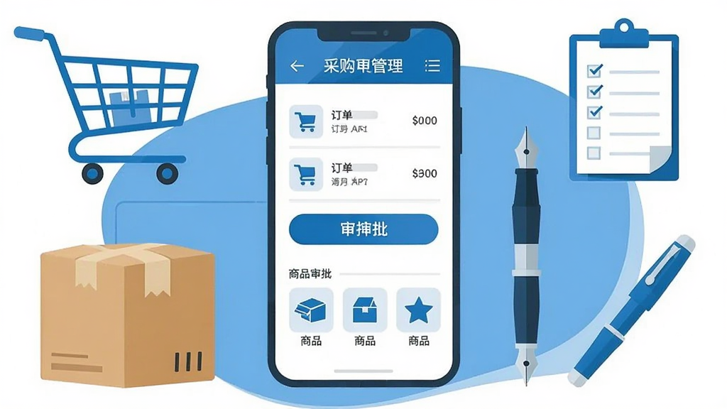 画面中央是一部智能手机,屏幕上显示采购管理应用界面,界面中有订单列表、审批按钮和商品分类图标,手机周围环绕着购物车、纸箱、清单、钢笔等采购元素,整体采用扁平化插画风格,蓝白配色,布局简洁,排版居中,细节清晰,画质干净,无多余元素