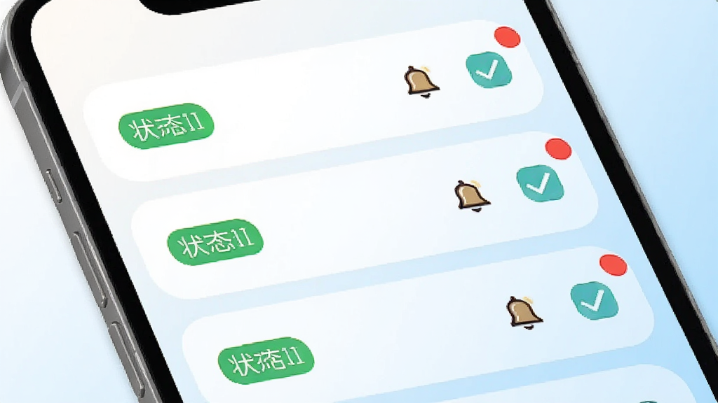 手机界面展示待办审批列表,每条待办带有状态标签和提醒红点,旁边有铃铛图标和勾选符号,背景为简洁的白色到浅蓝渐变,整体风格清爽,布局上下排列,排版清晰,细节精致,画质干净,无多余元素