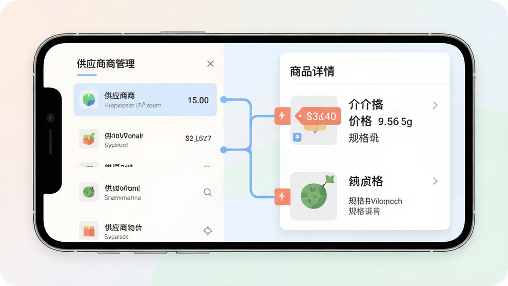 手机屏幕显示供应商管理界面,左侧是供应商列表,右侧是商品详情卡片,卡片上有价格标签和规格说明,画面中有连接线将供应商与商品关联,整体采用柔和的浅色背景,扁平化设计风格,布局对称,排版整齐,细节清晰,画质干净,无多余元素
