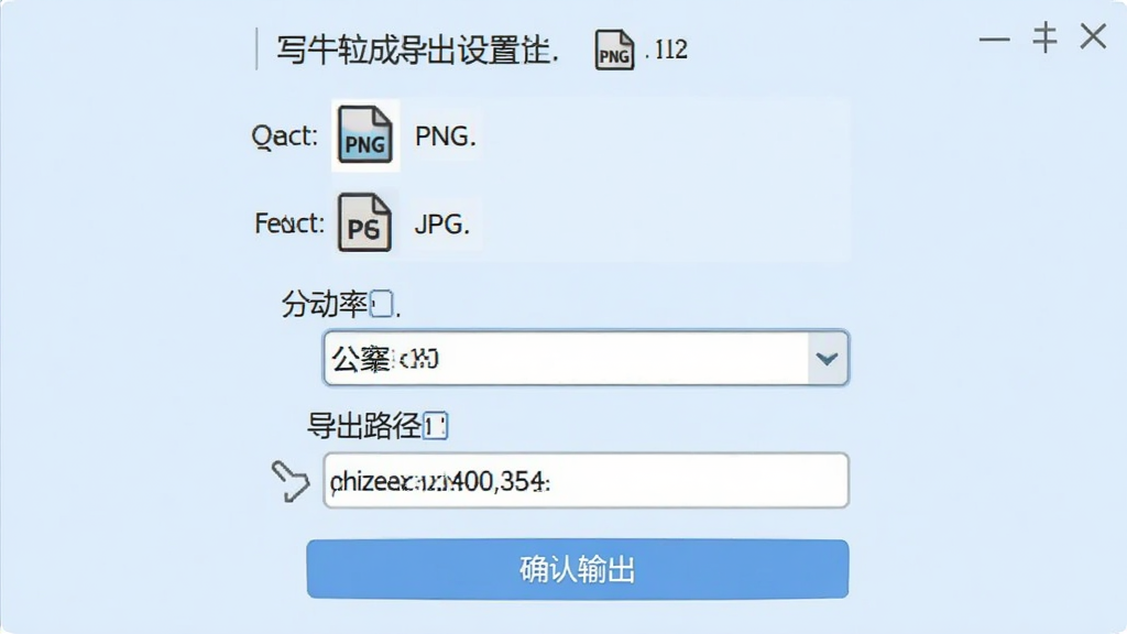 手写生成器导出设置界面展示图,画面中展示手写生成器软件导出选项页面,包含图片格式选择PNG和JPG、分辨率选择下拉菜单、导出路径显示栏和确认导出按钮,背景为浅蓝色,布局为纵向排列,风格清晰明了,细节包含格式图标和分辨率数值,画质高清,干净无多余元素