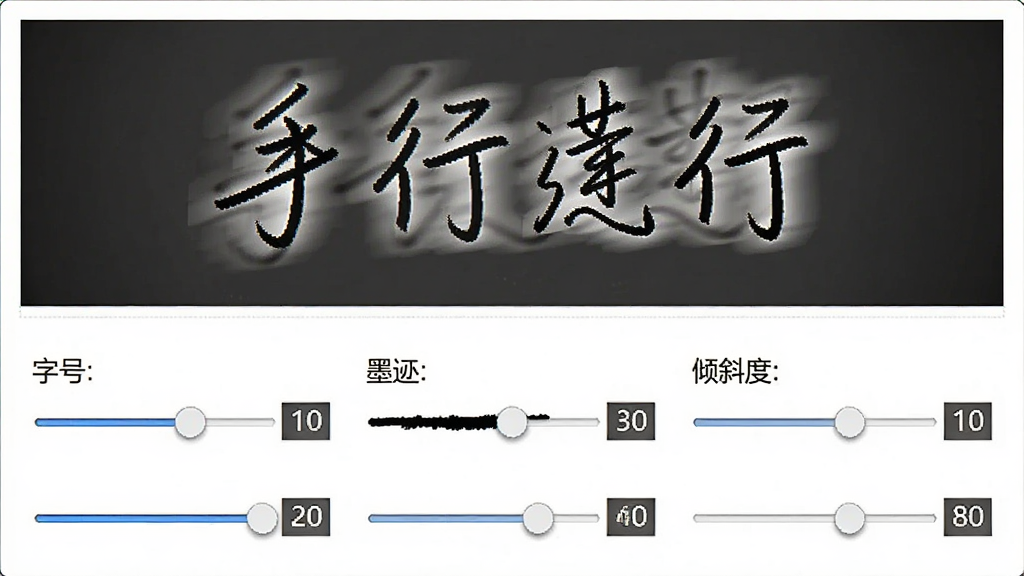 手写生成器参数调节面板展示图,画面中展示手写生成器软件调节界面,屏幕上方为文字预览区域显示手写效果,下方为多个调节滑块分别控制字号、行距、墨迹浓度、倾斜度,滑块带有数值显示,背景为白色,布局为上下结构,风格直观易用,细节包含滑块轨道和数值标签,画质高清,干净无多余元素