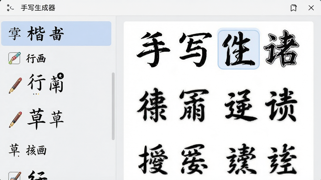 手写生成器字体选择界面展示图,画面中展示手写生成器软件内部字体列表页面,左侧为字体名称列表包含楷书、行书、草书等,右侧为对应字体的预览效果,每个字体名称旁带有小图标,背景为浅灰色,布局为左右分栏,风格清爽简洁,细节包含字体预览文字和选中高亮状态,画质清晰,干净无多余元素