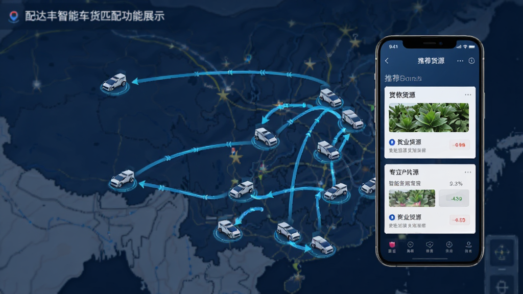 配达丰智能车货匹配功能展示图,画面以货运地图为背景,地图上标注多个货源点与车辆图标,用连线表示匹配关系,手机界面浮现推荐货源卡片,风格科技感与商务感结合,细节清晰,画质干净,无多余元素