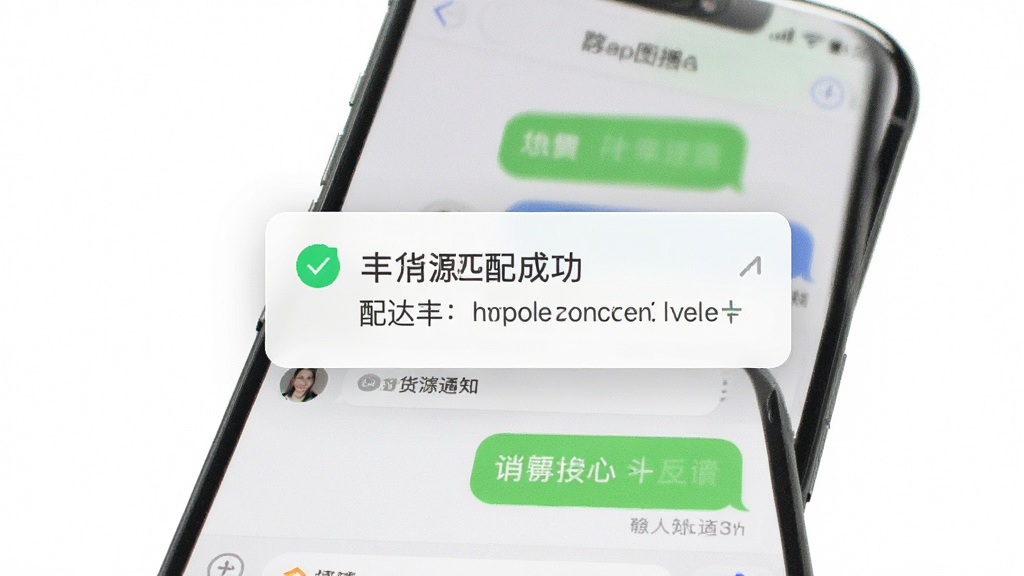 配达丰消息通知与沟通界面图,画面展示手机聊天界面与通知弹窗,包含货源匹配成功提示和对话气泡,背景为白色,风格清新简洁,细节清晰,画质干净,无多余元素