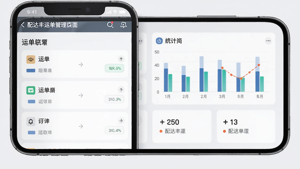 配达丰运单管理界面图,画面展示手机屏幕上的运单列表与统计图表,包含柱状图与数字卡片,背景为浅灰色,风格简约商务,细节清晰,画质干净,无多余元素