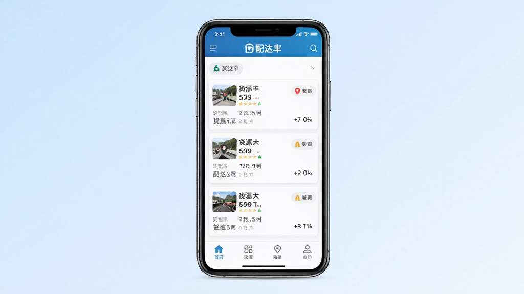 配达丰软件主界面预览图,画面中央展示一部智能手机,手机屏幕上显示配达丰APP的首页界面,包含货源列表、地图定位图标和底部导航栏,背景为淡蓝色渐变,风格简洁商务,细节清晰,画质干净,无多余元素