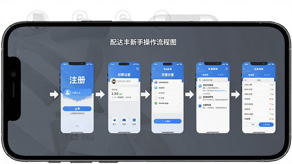 配达丰新手操作流程图,画面以手机屏幕为载体,分步骤展示注册认证、权限设置、货源浏览等操作界面,用箭头连接各步骤,风格简洁明了,细节清晰,画质干净,无多余元素