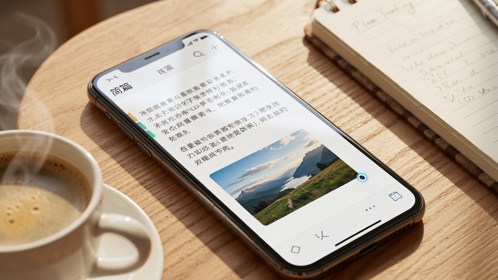一部智能手机放在木质桌面上,屏幕显示“简篇”应用的图文编辑界面,画面中有文字段落和两张插入的风景照片,编辑光标正在文字末尾闪烁,手机旁边放着一杯咖啡和一本笔记本,整体风格温暖明亮,细节包括屏幕反光、木质纹理、咖啡热气,画质高清,干净,无多余元素