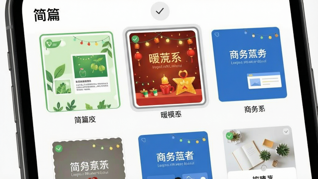 手机屏幕展示“简篇”模板选择页面,画面中排列着多个不同风格的模板缩略图,包括清新绿色系、暖色节日系、商务蓝色系等,每个模板缩略图下方标注模板名称,界面顶部有“简篇”文字,整体布局为网格状,风格简洁现代,细节包括模板预览小图、选中状态的高亮边框,画质清晰,干净,无多余元素