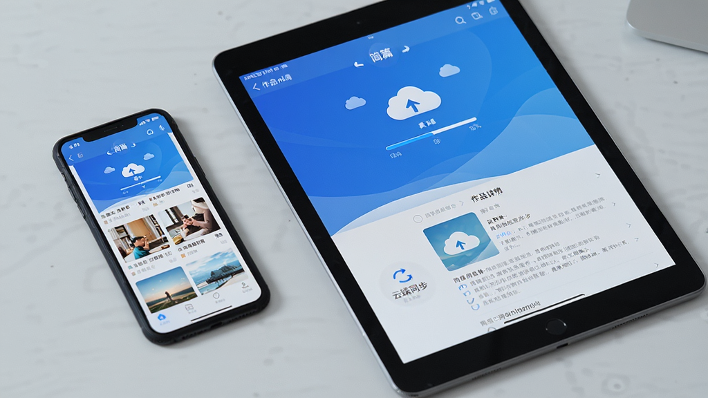 一部手机和一台平板电脑并排放在桌面上,两块屏幕都显示“简篇”应用的云端同步界面,画面中有云朵图标和同步进度条,手机屏幕显示图文列表,平板屏幕显示同一账号下的作品详情,背景为浅灰色桌面,整体风格科技简洁,细节包括同步箭头、设备边框,画质清晰,干净,无多余元素