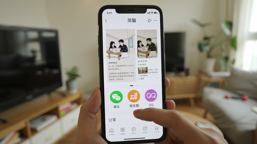 一只手拿着手机,手机屏幕显示“简篇”作品分享界面,画面中有微信、朋友圈、QQ等分享渠道图标,屏幕上方是已完成的图文作品缩略预览,背景为虚化的室内环境,整体风格生活化,细节包括手指点击动作、分享图标彩色标识,画质清晰,干净,无多余元素