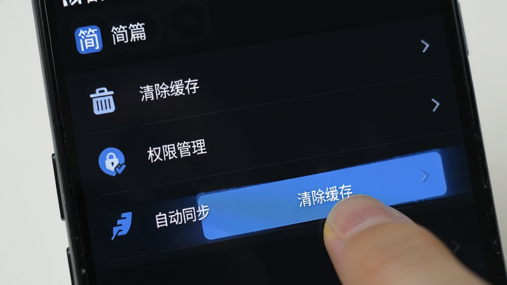 一部安卓手机屏幕显示“简篇”应用的设置页面,画面中有“清除缓存”“权限管理”“自动同步”等选项列表,旁边有手指正在点击“清除缓存”按钮,手机背景为深色模式界面,整体风格实用教程感,细节包括按钮高亮、选项图标,画质清晰,干净,无多余元素