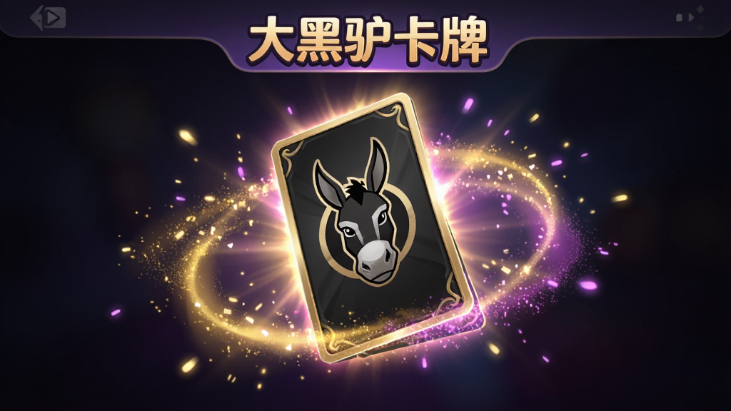 大黑驴卡牌抽卡动画界面,画面中央是一张正在翻转的卡牌,周围环绕着金色和紫色的光芒粒子,上方有“大黑驴卡牌”文字标识,布局为竖屏居中,风格为炫彩动效,细节强调卡牌背面的驴头logo和光晕扩散效果,画质清晰干净,无多余元素