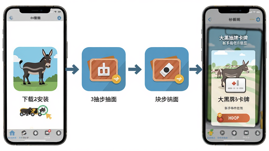 大黑驴卡牌新手操作指引图,画面展示手机屏幕上的分步操作流程,从下载安装到抽卡界面,共四个步骤图标横向排列,布局清晰有序,风格为扁平化教学图示,细节包括每步的文字标注和箭头引导,画质清晰干净,无多余元素