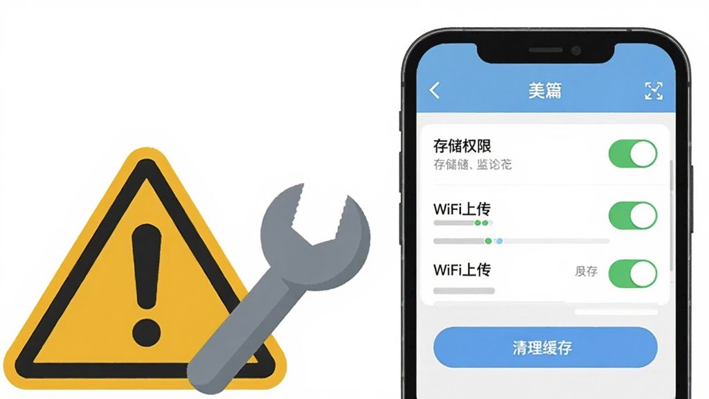 画面主体为一部智能手机屏幕显示美篇应用的设置界面,界面中有存储权限、WiFi上传、清理缓存等选项开关,手机旁边放置一个警告标志和扳手图标,布局为左右对比构图,风格为扁平化信息图,细节包含权限开关、存储条、缓存清理按钮,画质清晰,干净明亮,无多余元素。