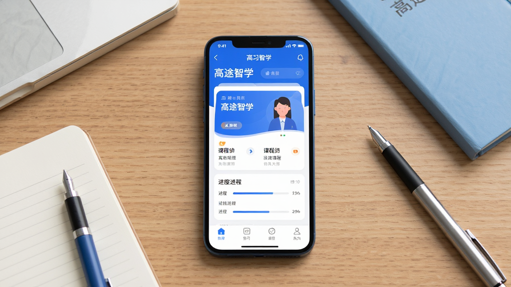 ��;��ѧ����������չʾ������Ϊһ�������ֻ�������ľ�������ϣ���Ļ��ʾ��;��ѧAPP��ѧϰ��ҳ��ҳ������γ̿�Ƭ�ͽ����������ֲ������Ĺ�ͼ���ֻ����У���Χɢ�伸���ʼǱ���һ֧�ʣ��Ű�������࣬���Ϊ�ִ������Ƽ��磻ϸ������Ļ���������ɼ���ͼ��Բ����ɫ������Ϊ��������Ϊ����4K������ɾ����޶���Ԫ�ء�