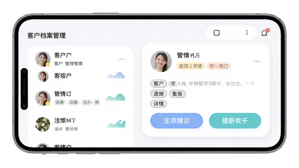往约管理版客户档案管理界面,主体为手机展示客户列表与详情卡片,布局采用上下滚动式,排版左图右文,风格柔和圆角设计,细节包含头像、标签与操作按钮,画质清晰,干净无多余元素