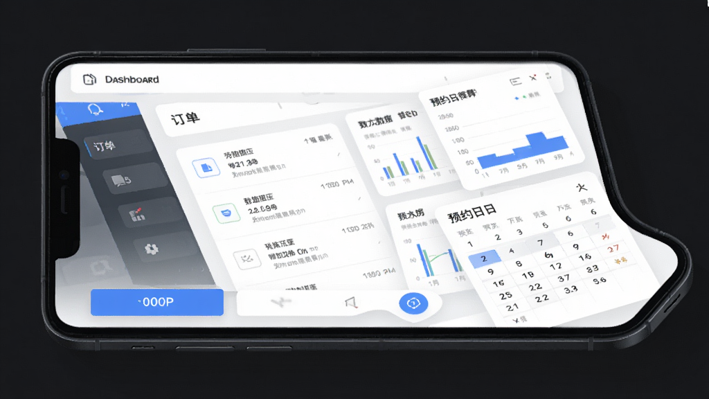 往约管理版手机应用界面展示,主体为一台智能手机,屏幕显示管理后台仪表盘,包含订单列表、数据图表与预约日历,布局采用上下结构、卡片式排版,风格简洁现代商务,细节有蓝色高亮按钮与图标,画质清晰1080P,干净无多余元素