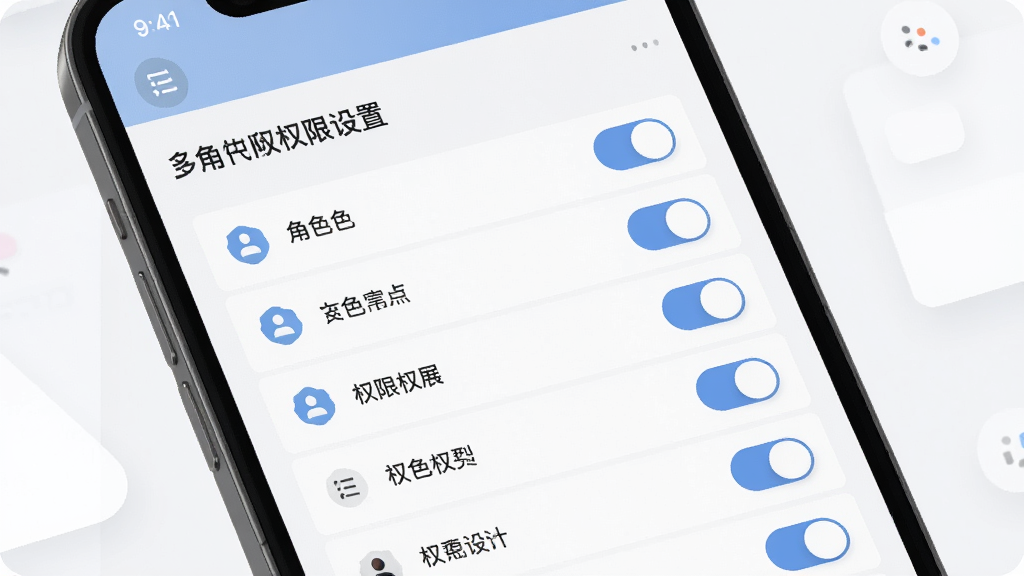 往约管理版多角色权限设置界面,主体为手机展示角色列表与权限开关,布局为上下结构,排版简洁,风格商务浅色,细节包含图标与滑动开关,画质高清,干净无多余元素