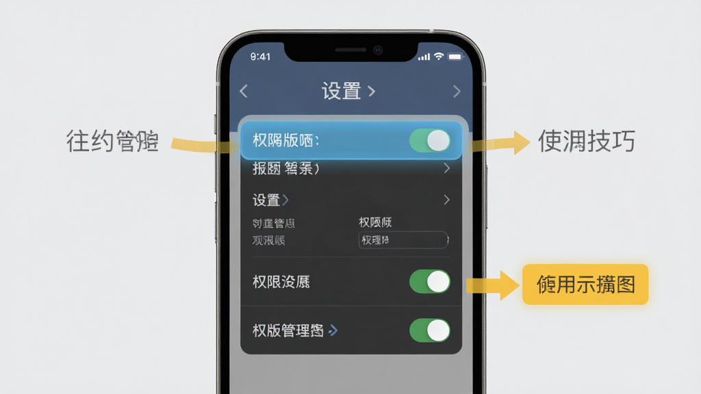 往约管理版使用技巧示意图,主体为手机屏幕展示设置菜单与权限开关,布局为上下结构,排版清晰,风格简约浅灰,细节包含高亮提示框与箭头指示,画质高清,干净无多余元素