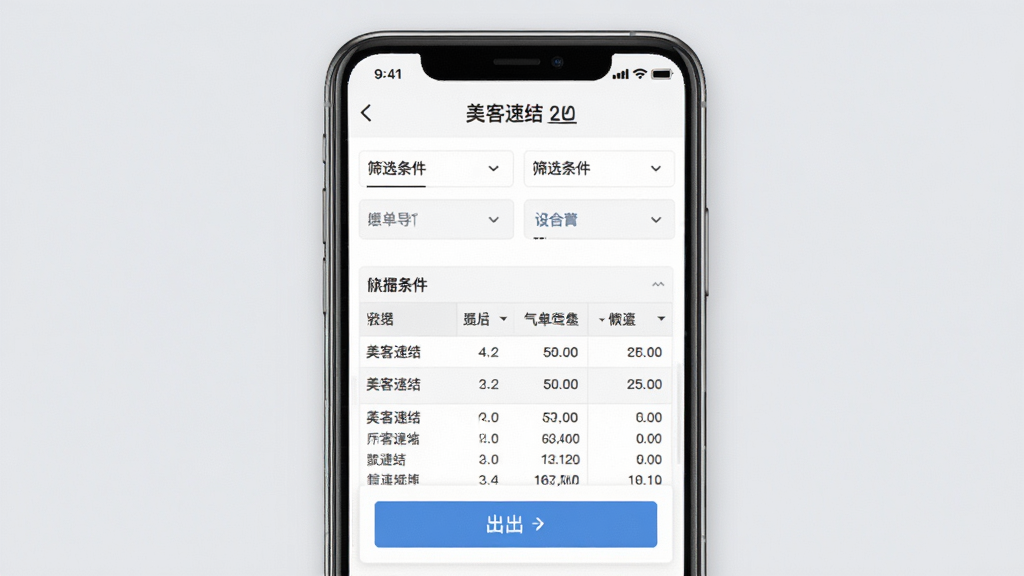 美客速结-客户端 账单报表导出功能展示图,主体为手机屏幕显示报表预览界面和导出按钮,布局为上下结构,排版上方为筛选条件下方为数据表格,风格为办公商务风,细节上表格线条清晰,背景为浅灰色,画质高清,干净,无多余元素