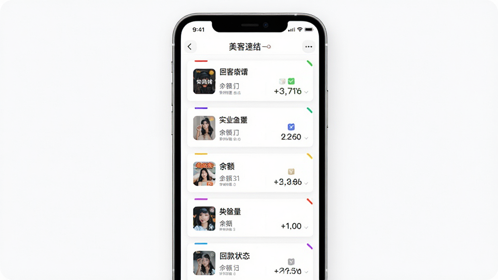 美客速结-客户端 多店铺管理界面展示图,主体为手机屏幕,屏幕显示多个店铺卡片纵向排列,每个卡片包含店铺名称、余额和回款状态,布局为列表式,排版整齐,风格为轻量级卡片设计,细节上每个卡片有不同颜色的标识条,背景为白色,画质高清,干净,无多余元素