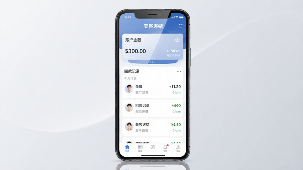 美客速结-客户端 手机应用界面展示图,主体为一部智能手机,屏幕显示美客速结应用主界面,包含账户余额卡片、回款记录列表和底部导航栏,布局采用上下结构,排版清晰整洁,风格为现代简约商务风,细节上屏幕有轻微反光效果,背景为浅灰色渐变,画质高清,干净,无多余元素