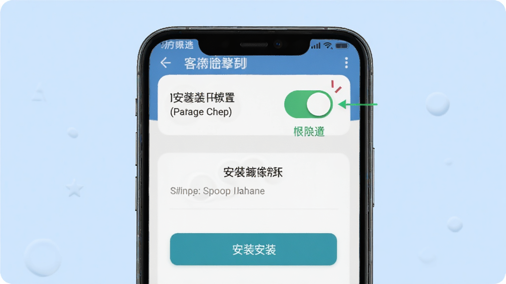 美客速结-客户端 安卓手机安装步骤示意图,主体为手机屏幕显示安装权限设置界面,布局为上下结构,排版上方为权限开关下方为安装按钮,风格为教程指引风,细节上开关按钮有高亮提示,背景为浅蓝色,画质高清,干净,无多余元素