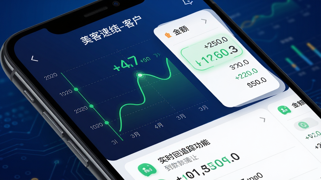 美客速结-客户端 实时回款追踪功能展示图,主体为手机屏幕特写,屏幕中央显示动态回款数据图表和到账通知列表,布局为上下滚动式信息流,排版左侧为时间轴右侧为金额明细,风格为科技感数据可视化,细节上数字使用高亮绿色显示,背景为深蓝色渐变,画质高清,干净,无多余元素