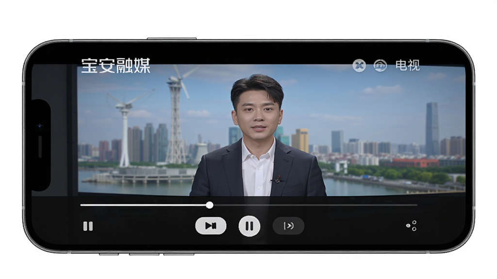 宝安融媒App电视直播功能界面,手机横屏显示电视频道播放画面,屏幕上方有