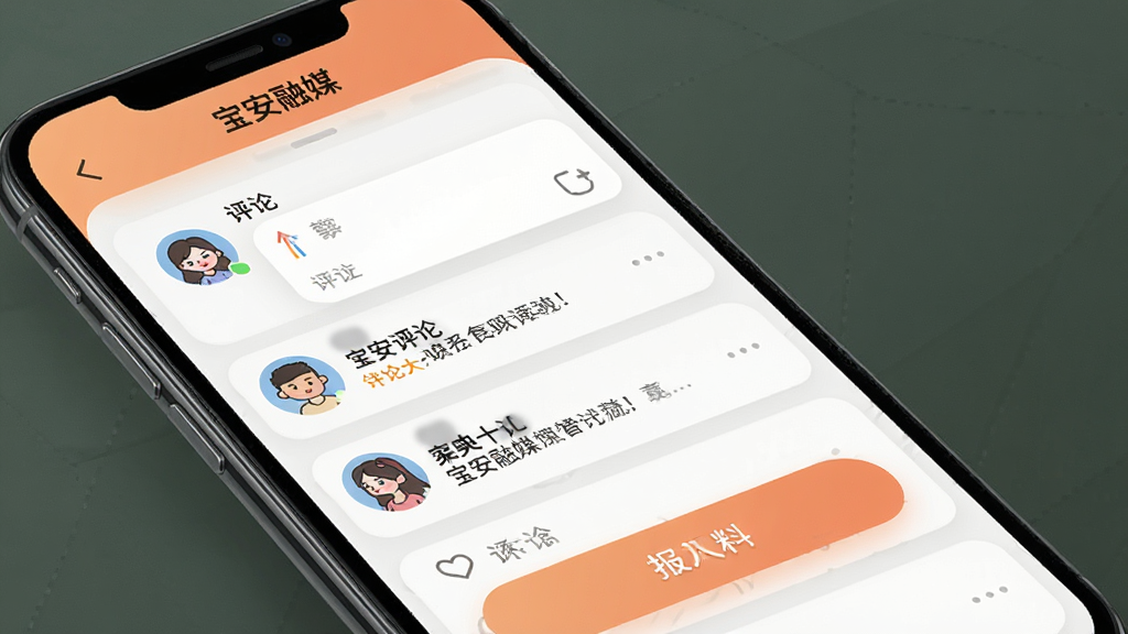 宝安融媒App互动社区界面,手机屏幕显示用户评论列表和报料入口按钮,顶部有