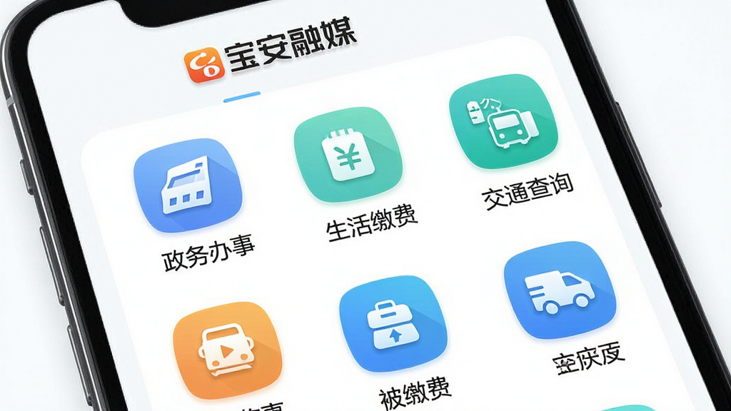 宝安融媒App便民服务页面,手机屏幕展示政务办事、生活缴费、交通查询等功能图标网格,顶部有