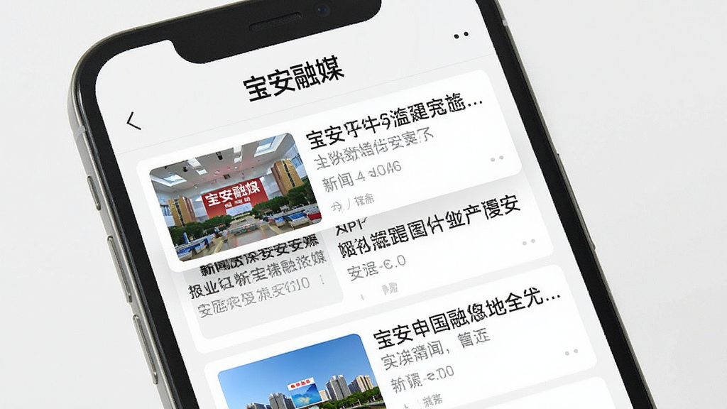 宝安融媒App新闻资讯页面特写,手机屏幕展示多条宝安区本地新闻卡片,包含