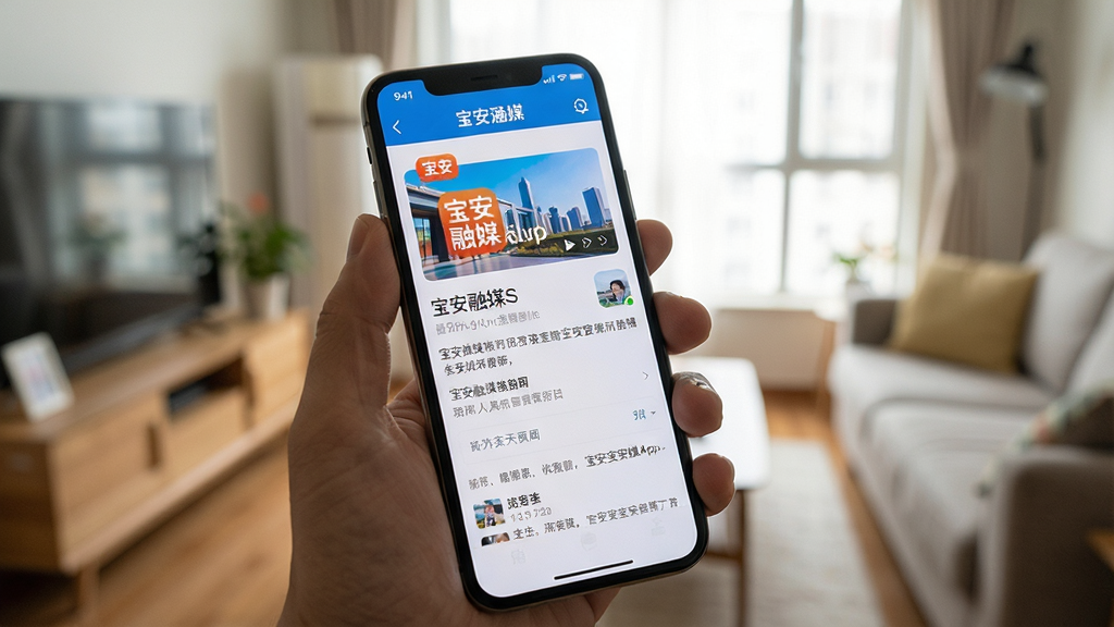 宝安融媒App在手机上的操作演示场景,画面展示一只手拿着智能手机,屏幕显示宝安融媒新闻详情页,背景为模糊的居家环境,布局为手持特写,风格生活化写实,细节包含