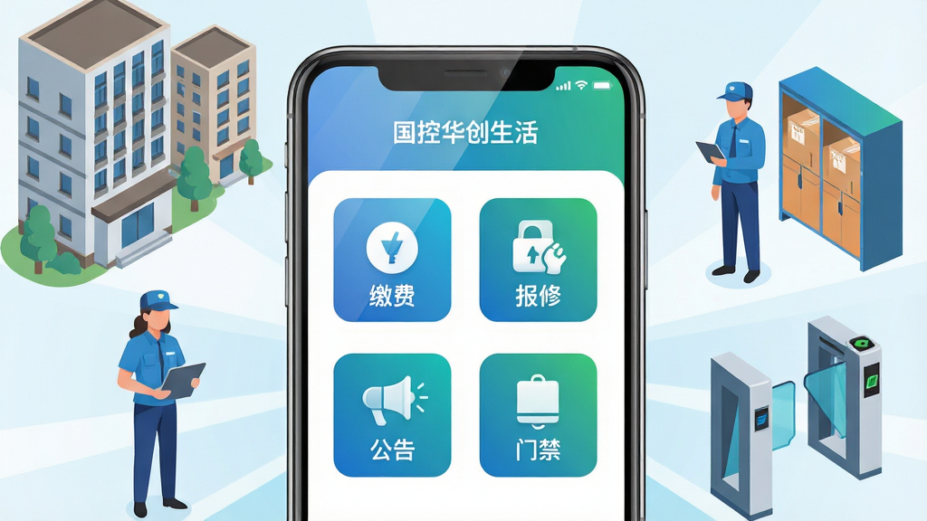 ����������һ�������ֻ�����Ļ����ʾ�����ػ������Ӧ����ҳ���棬��������ɷѡ����ޡ����桢�Ž��ȹ���ͼ�꣬�ֻ���Χ����������¥���ҵ������Ա����ݹ��Ž�բ����Ԫ�أ����ֲ������ķ���״�Ű棬���Ϊ�ִ���ƽ���Ƽ��磬ϸ�����ֻ���Ļ����΢���⣬ͼ��ɫ�������̽���Ϊ���������������ɾ����޶���Ԫ�ء�