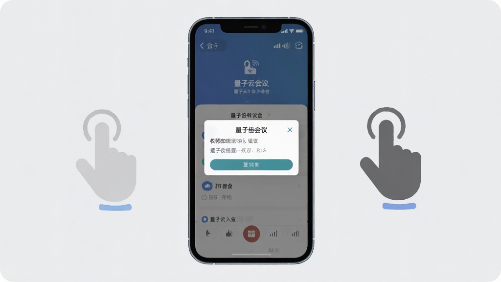 一张展示量子云会议新手操作指引的画面,画面主体是一部智能手机屏幕显示量子云会议入会界面,屏幕旁边有手指点击的图标,背景为浅灰色,布局为居中构图,风格为扁平化教程风,细节包括权限设置弹窗和网络信号图标,画质高清,干净整洁,无多余元素