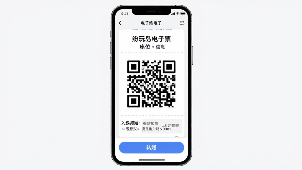 纷玩岛电子票入场功能展示图,主体是手机屏幕显示电子票二维码页面,画面中央为清晰的二维码图案,上方显示演出名称和座位信息,布局采用居中对称排版,风格为清爽极简UI风格,细节包括入场须知文字和底部转赠按钮,画质高清,画面干净,无多余元素