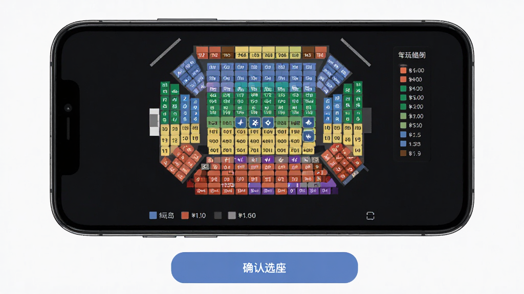 纷玩岛在线选座购票功能界面图,主体是手机屏幕中显示的场馆座位分布图,画面中央为彩色座位网格图,不同颜色代表不同票价区域,下方有确认选座按钮,布局采用上下结构排版,风格为现代简约UI风格,细节包括票价图例、座位编号和选中高亮效果,画质高清,画面干净,无多余元素