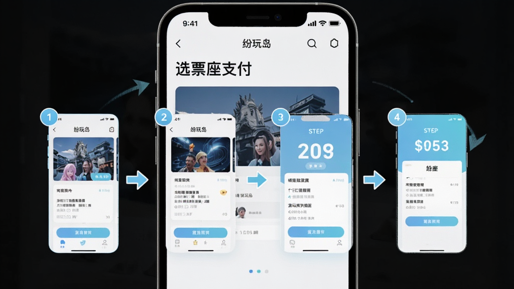 纷玩岛移动端购票操作步骤示意图,主体是手机屏幕展示纷玩岛APP从首页浏览到选座支付的完整流程截图,画面中央为四个步骤的界面缩略图横向排列,布局采用横向流程排版,风格为清新浅色系UI风格,细节包括箭头引导和步骤编号,画质高清,画面干净,无多余元素