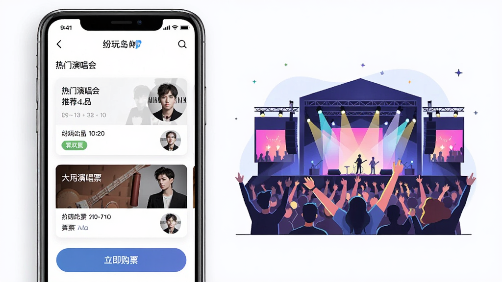 纷玩岛演唱会购票APP界面展示图,主体是一部智能手机竖屏展示纷玩岛应用首页,页面中清晰可见热门演唱会推荐列表和购票按钮,旁边搭配音乐节舞台灯光和欢呼人群的插画元素,布局采用左手机右插画的对称排版,风格为现代扁平化UI设计风格,细节包括票务卡片、日期标签和艺人头像,画质高清,画面干净,无多余元素