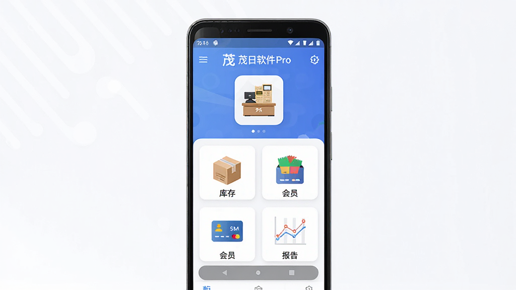 主体是茂日软件Pro手机应用界面,布局为居中展示一部安卓手机,屏幕内呈现店铺管理仪表盘与数据图表,排版为上下结构上方为软件名称茂日软件Pro下方为功能图标阵列,风格为现代扁平化科技风,细节包括收银台图标、库存箱图标、会员卡图标、报表折线图,画质高清干净无多余元素