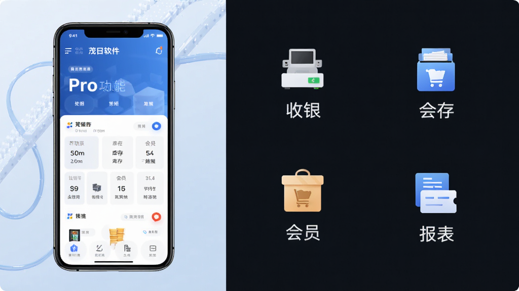 主体是茂日软件Pro功能展示图,布局为左右分栏左侧为手机界面右侧为功能图标,排版为网格状排列,风格为清新商务风,细节包括收银、库存、会员、报表四个模块的图标与文字说明,画质高清干净无多余元素
