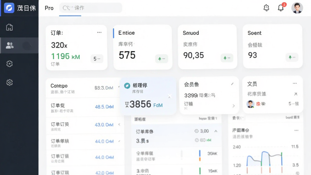 主体是茂日软件Pro操作界面截图,布局为手机竖屏展示,排版为从上到下依次为导航栏、数据卡片、功能按钮,风格为简洁实用风,细节包括订单列表、库存数字、会员头像,画质高清干净无多余元素