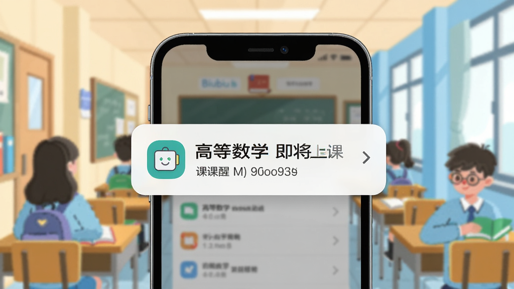 һ��չʾBiubiu�γ̱���ǰ���ѹ��ܵĲ廭������������һ���ֻ���Ļ��������ʾ���ߵ���ѧ �����ϿΡ�������֪ͨ�������ǽ������ȵĳ��������Ϊ��ƽ���廭��ɫ�����죬ϸ��չʾ֪ͨͼ��Ϳγ����ƣ������������ɾ��޶���Ԫ�ء�